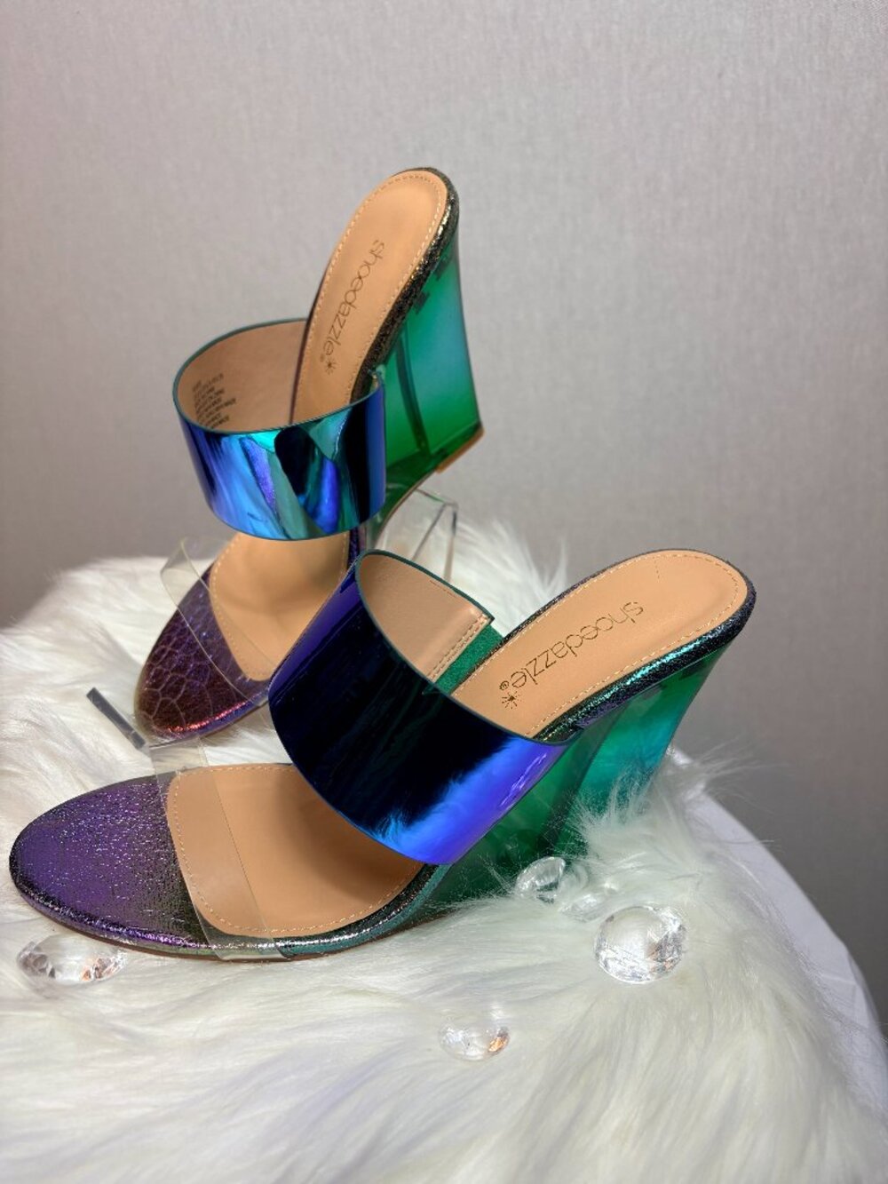 ShoeDazzle Trixee Clear/Iridescent Wedges, Size 8.5, Never Worn